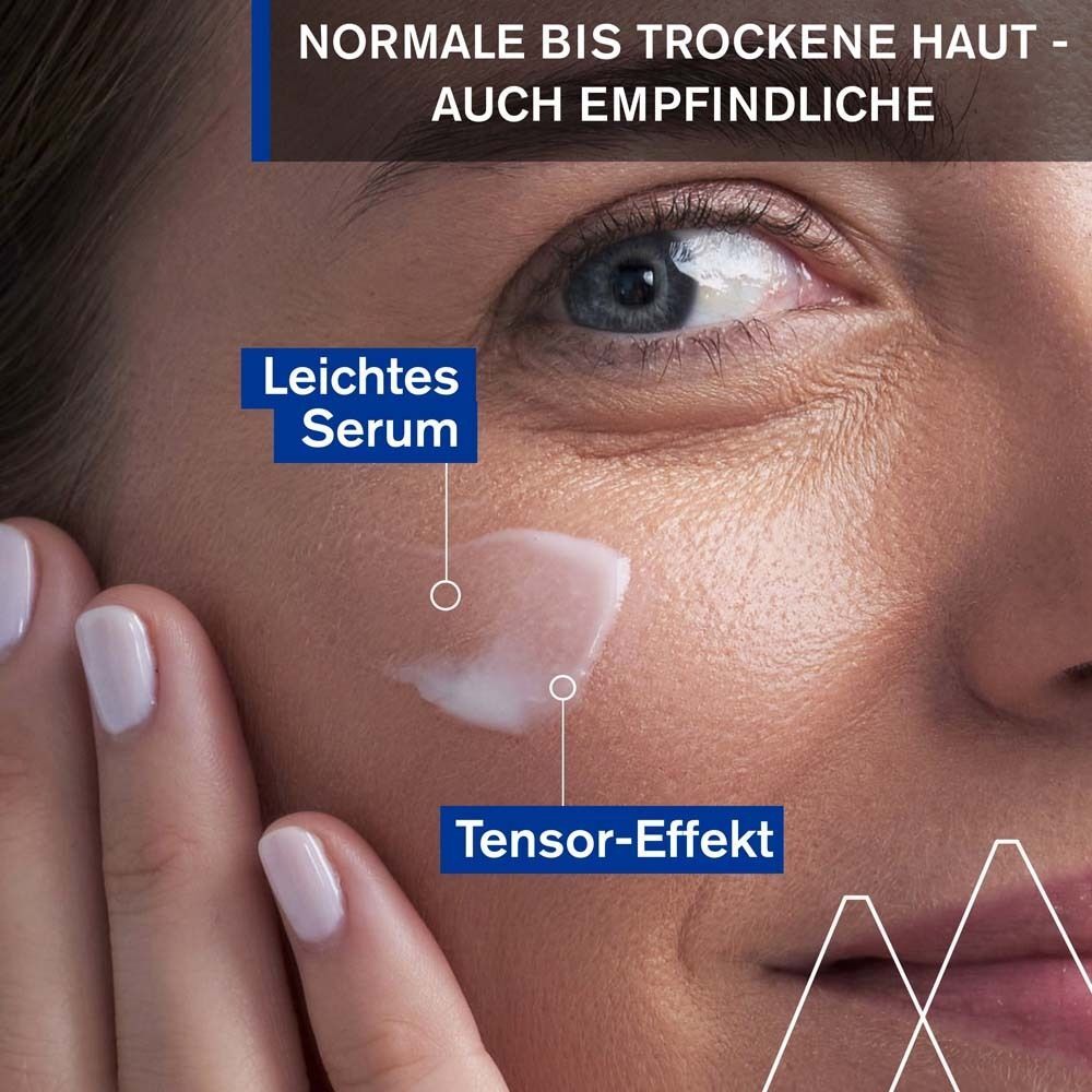 Nahaufnahme eines Gesichts. Serum wird auf die Haut aufgetragen. Text: Leichte Serum, Tensor-Effekt.