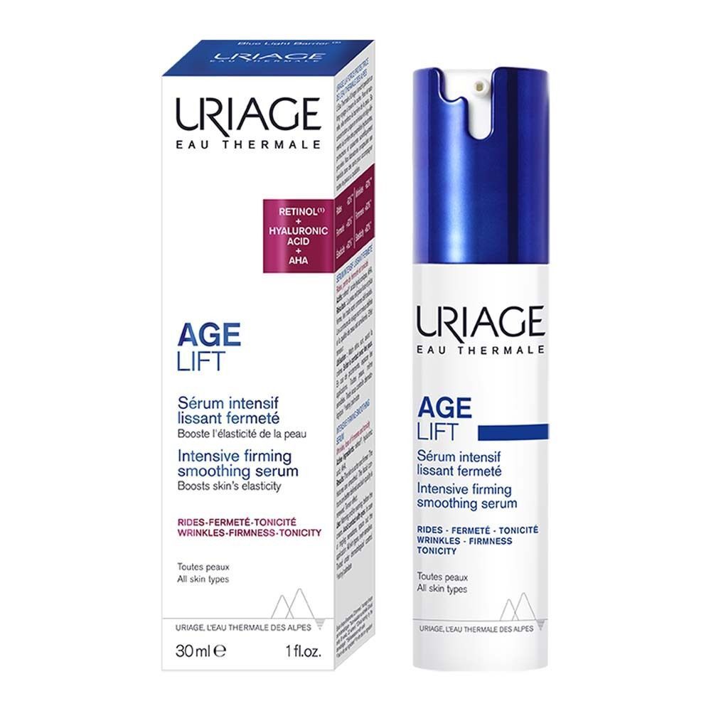 Uriage Age Lift Serum und Verpackung. Weißes Fläschchen mit blauem Deckel. Verpackung mit Text.