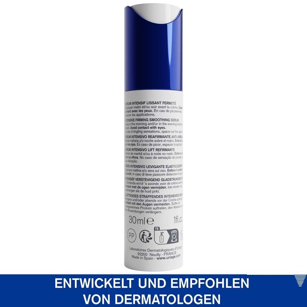 Rückseite des Uriage Age Lift Serums. Text: Entwickelt und empfohlen von Dermatologen. 30ml Flasche.