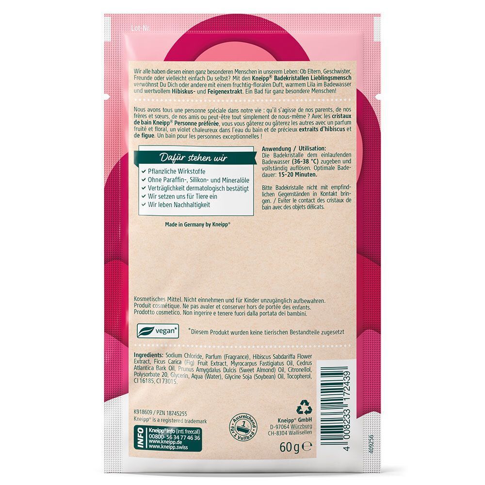 Rückseite eines rosa Beutels. Text: Kneipp, Badekristalle, Inhaltsstoffe, vegan, 60g. Mit Zertifizierungen.