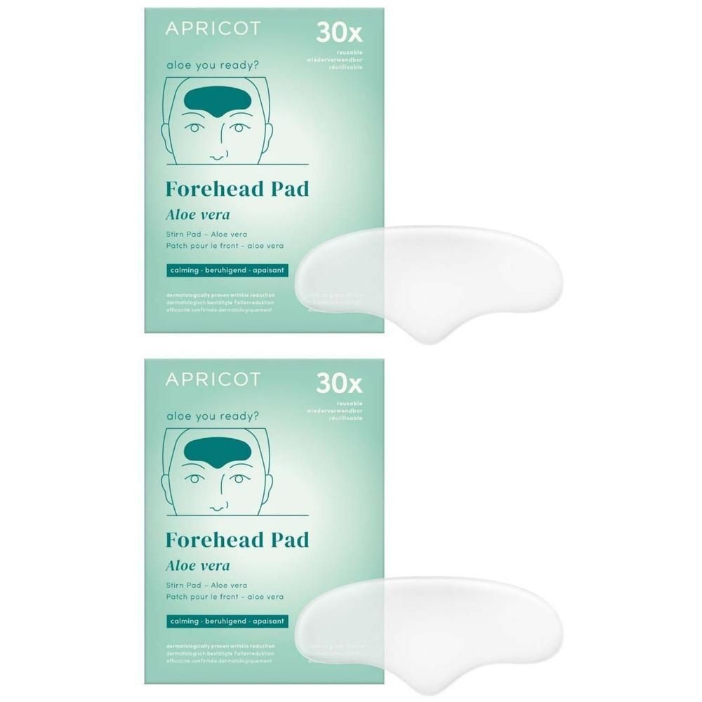 Zwei Packungen Stirn Pads mit Aloe Vera. Marke APRICOT. 30 Stück. Verpackung mit Produktabbildung.