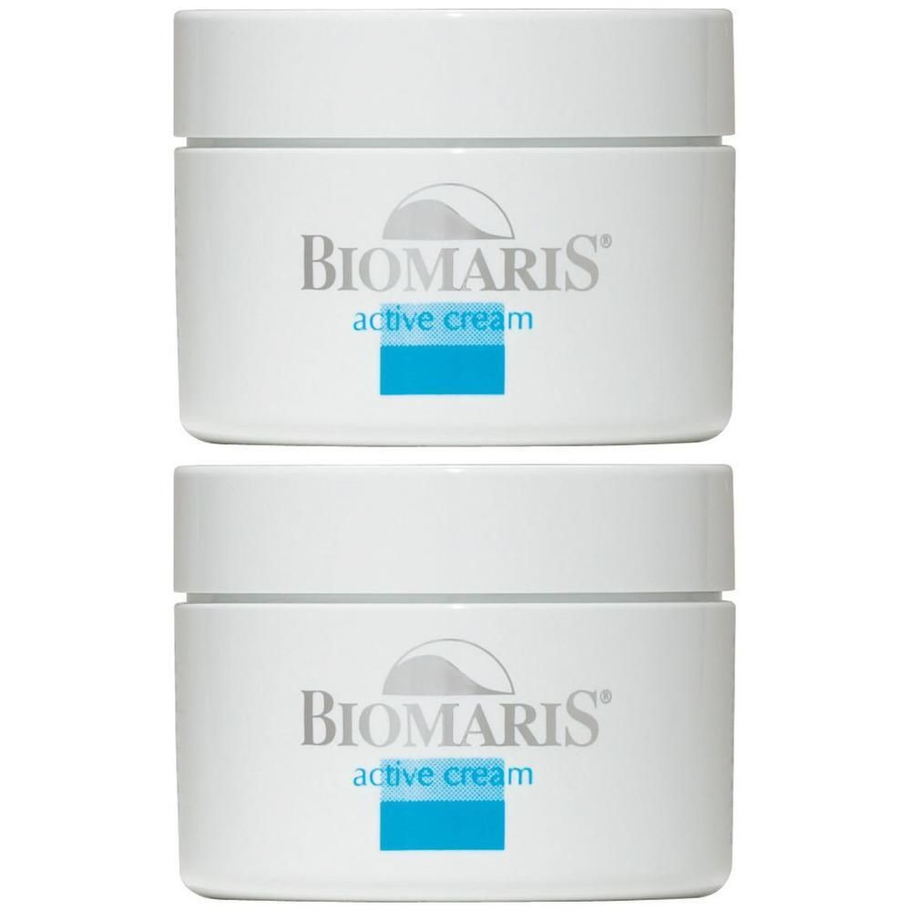 Zwei weiße Tiegel mit Deckel. Auf der Vorderseite steht "BIOMARIS active cream" mit blauem Rechteck. Graues Logo.
