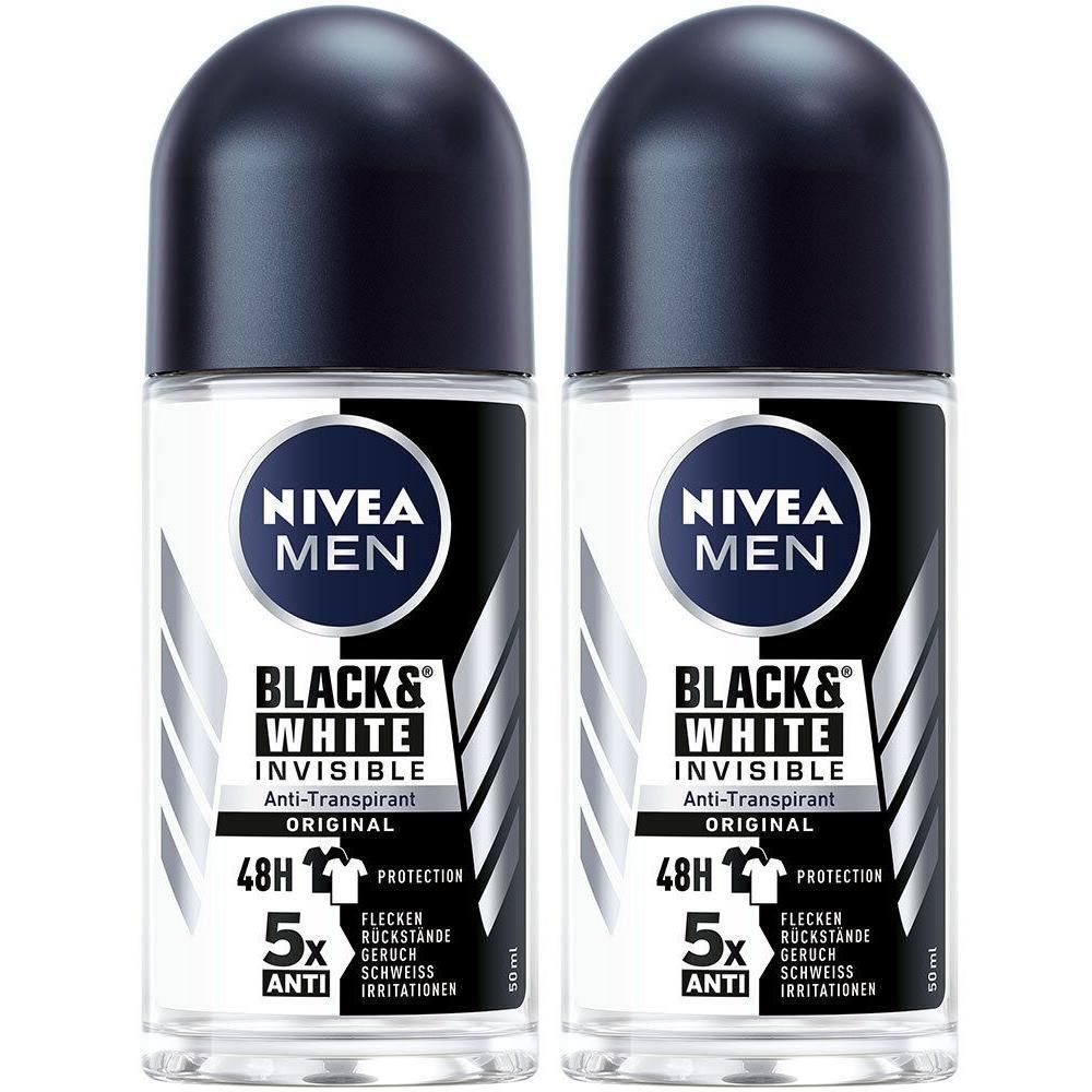 Zwei NIVEA MEN Black & White Invisible Roll-ons. Schwarze Kappe, weißes Etikett mit Logo und Produktbezeichnung. 5x Anti-Schutz.