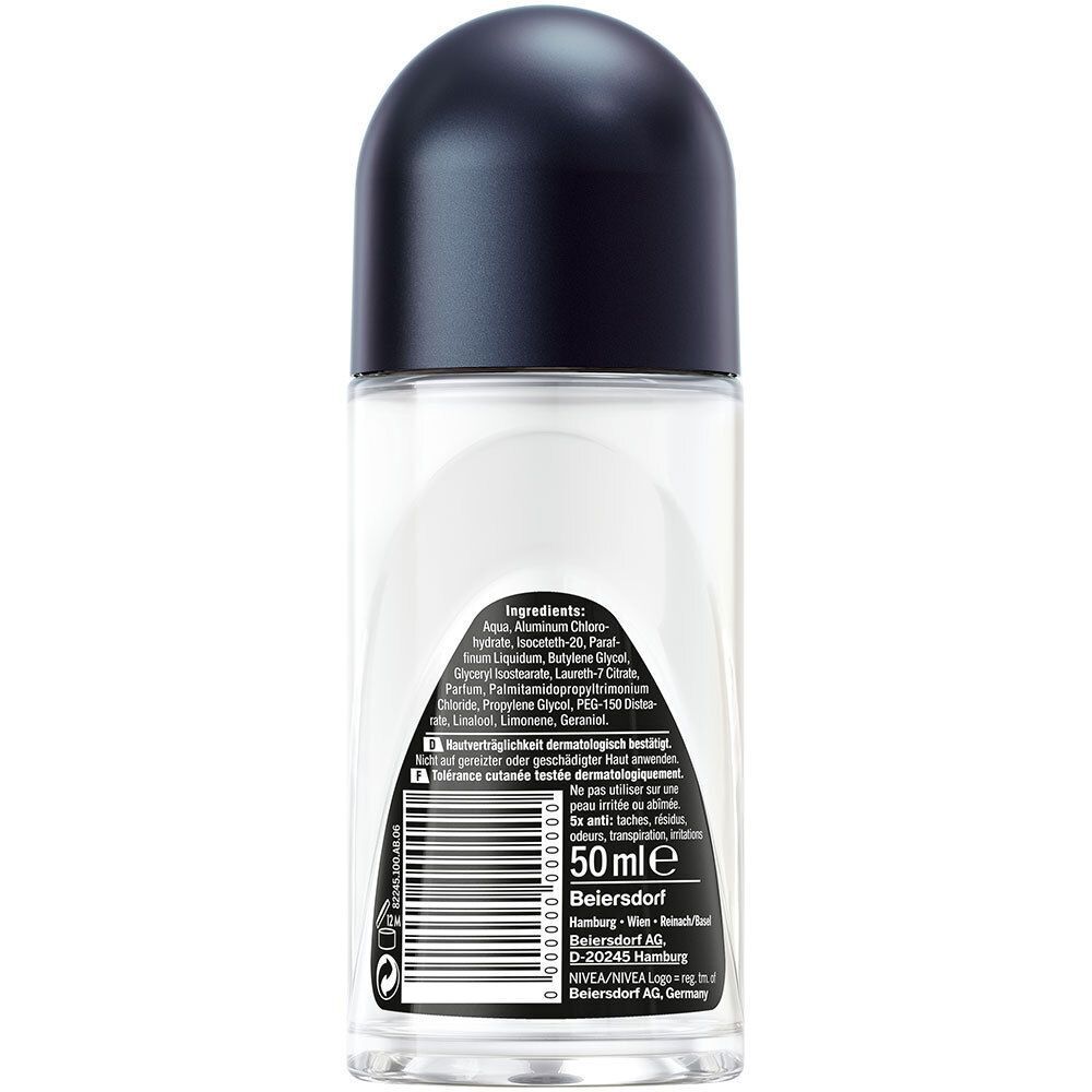 NIVEA MEN Black & White Invisible Roll-on. Transparente Flasche mit schwarzer Kappe. Rückseite mit Inhaltsstoffen und Barcode.