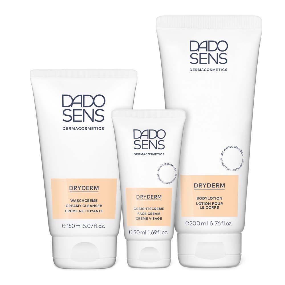DADO SENS DRYDERM Produkte. Waschcreme, Gesichtscreme, Bodylotion. Text: DRYDERM, Waschcreme, Gesichtscreme, Bodylotion.