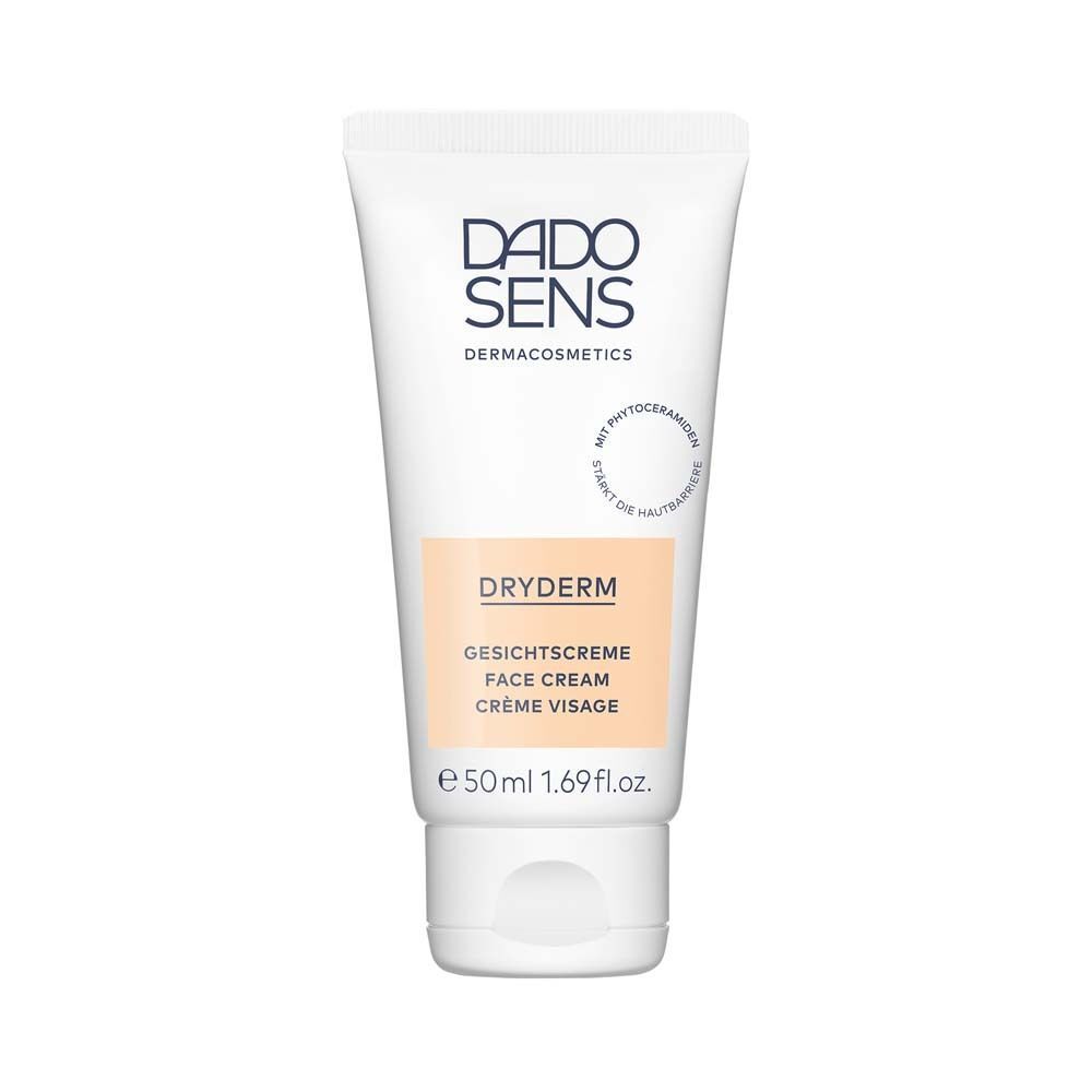 DADO SENS DRYDERM Gesichtscreme. Tube. Text: DRYDERM, Gesichtscreme, für trockene bis sehr trockene Haut.