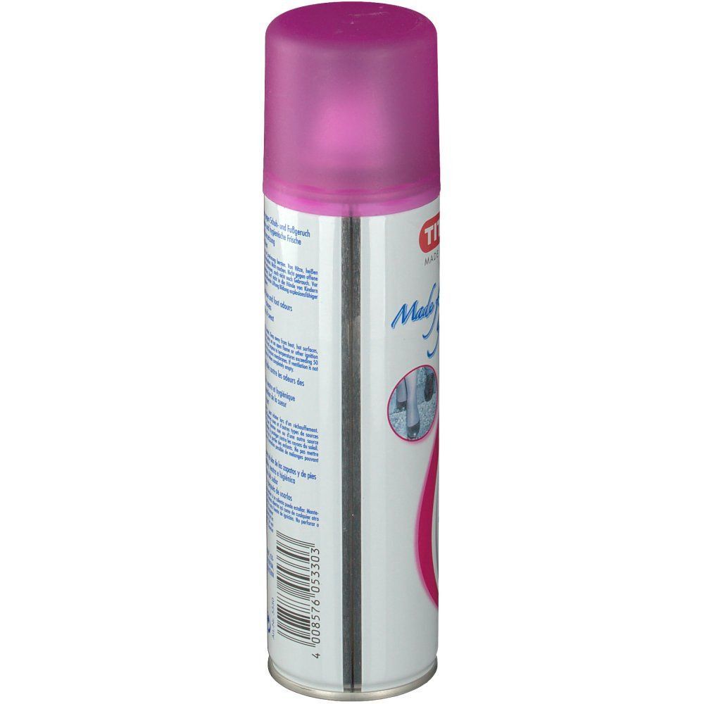 Eine Sprühdose mit pinkfarbenem Deckel. Aufschrift: TITANIA, Made for you. Text in mehreren Sprachen. Barcode und weitere Informationen.