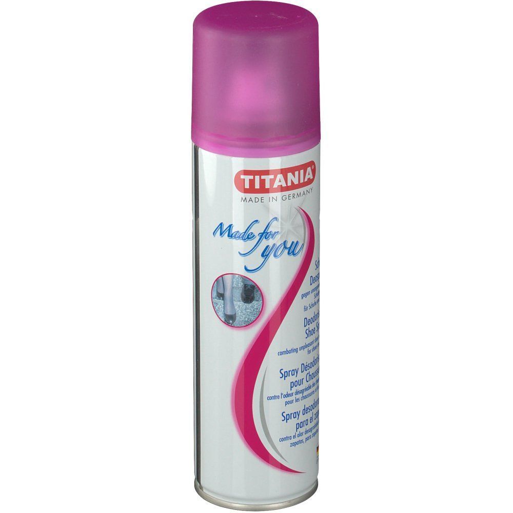 Eine Sprühdose mit pinkfarbenem Deckel. Aufschrift: TITANIA, Made for you, Schuh Deospray. Deutsche, englische, französische und spanische Texte.