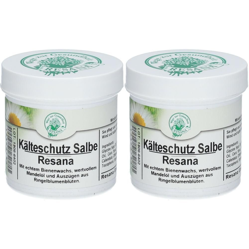 Zwei weiße Tiegel mit Deckel. Aufschrift: Kälteschutz Salbe Resana. Mit Inhaltsangaben und Logo.