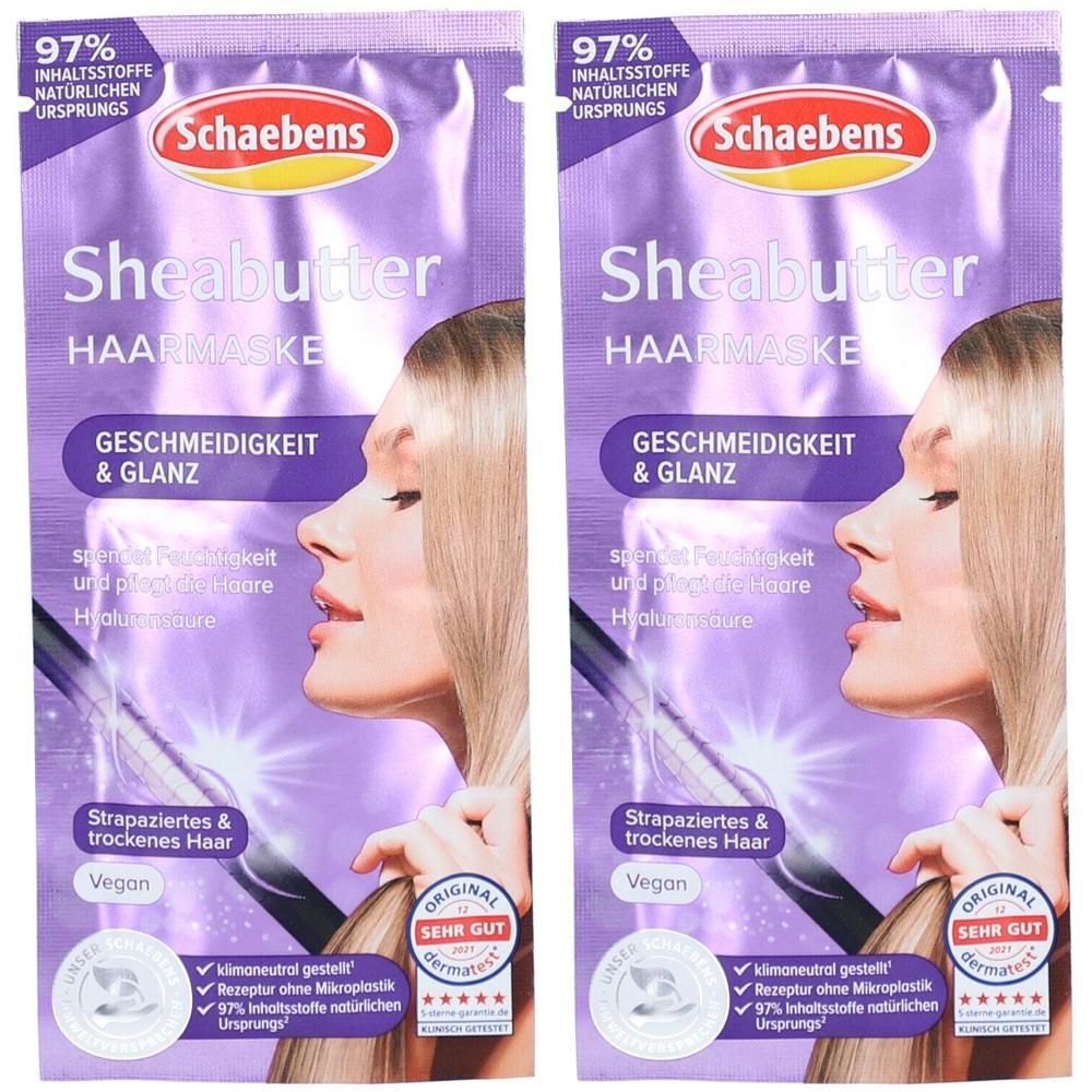 Zwei Beutel Schaebens Sheabutter Haarmaske. Lila Verpackung mit Frauengesicht. Text: Geschmeidigkeit & Glanz, strapaziertes & trockenes Haar.