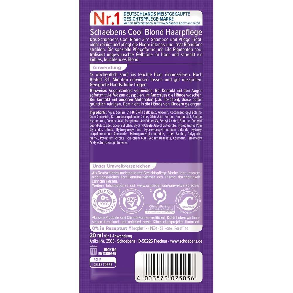 Rückseite einer Packung SCHAEBENS Cool Blond Haarmaske. Text: Cool Blond Haarplege, 2 in 1 Shampoo & Pflege Treatment. Inhaltsstoffe, Anwendung, Umweltversprechen.