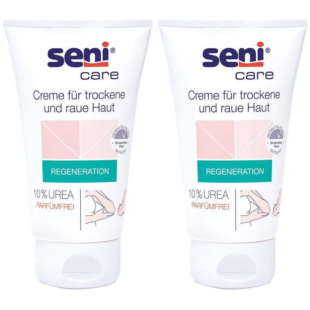Zwei Tuben Seni Care Creme. Weiße Tuben mit blauer und rosa Grafik. Text: Creme für trockene und raue Haut, 10% Urea, parfümfrei.