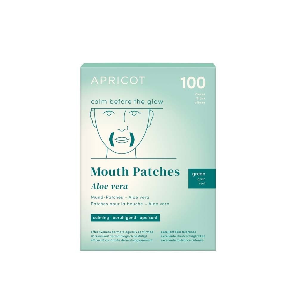 APRICOT Mouth Patches Aloe vera Packung mit 100 Stück. Grüne Mundpflaster liegen daneben. Produktname, Illustration und Produktinformationen.