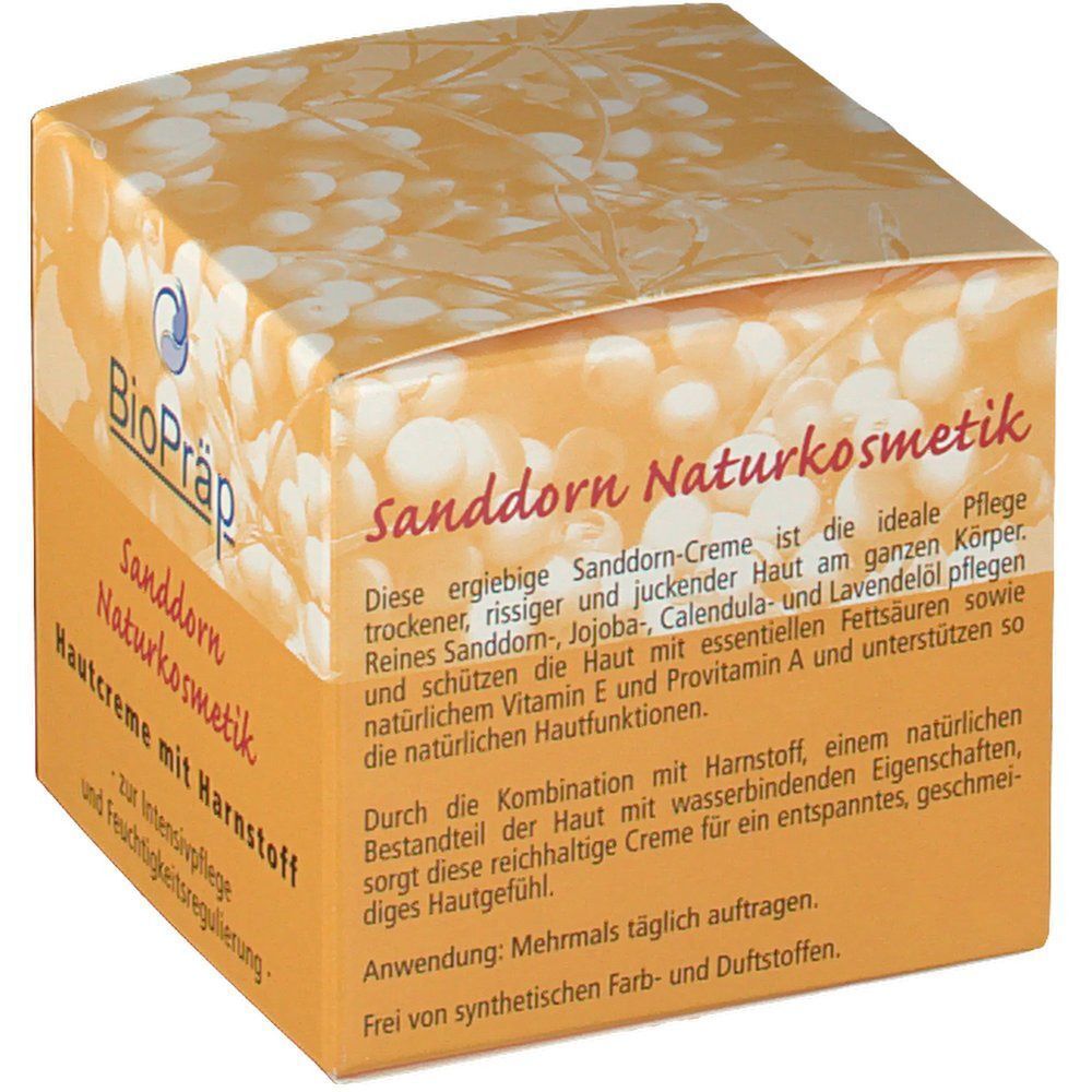 Quadratischer Karton. Aufdruck: BioPräp, Sanddorn Naturkosmetik, Hautcreme mit Harnstoff. Text auf orangefarbenem Hintergrund. Weiße Beeren.