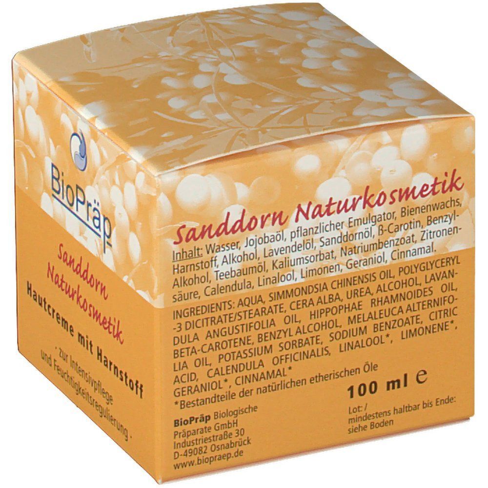 Quadratischer Karton. Aufdruck: BioPräp, Sanddorn Naturkosmetik, Hautcreme mit Harnstoff. Text auf orangefarbenem Hintergrund. 100 ml.