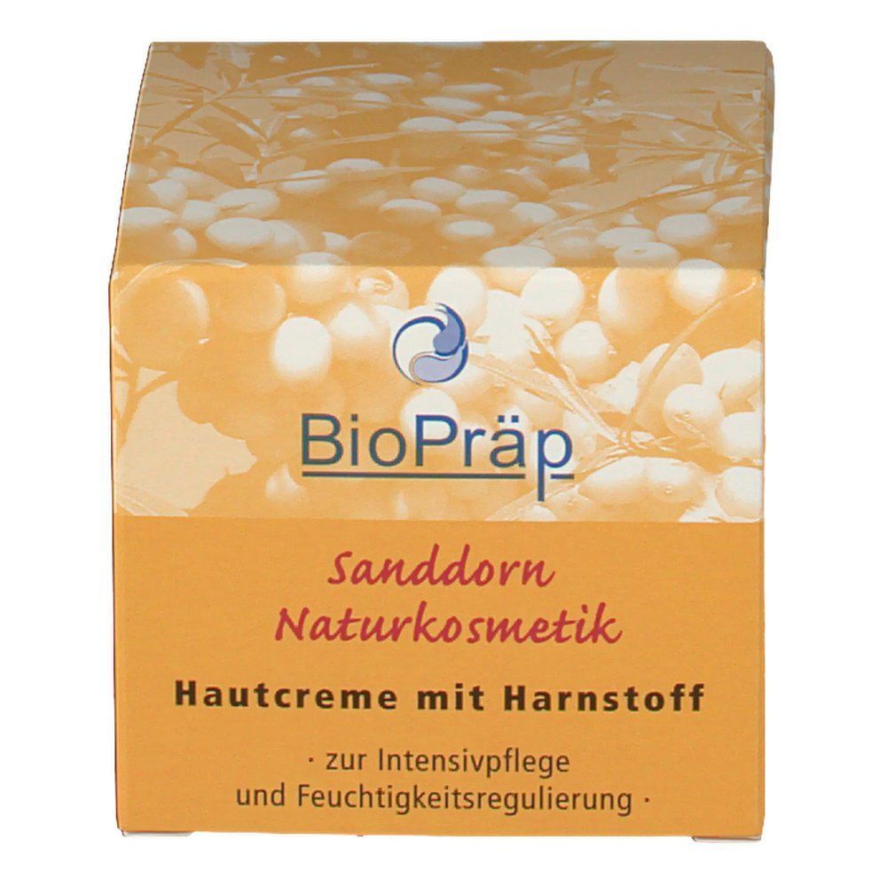 Quadratischer Karton. Aufdruck: BioPräp, Sanddorn Naturkosmetik, Hautcreme mit Harnstoff. Text auf orangefarbenem Hintergrund. Weiße Beeren.