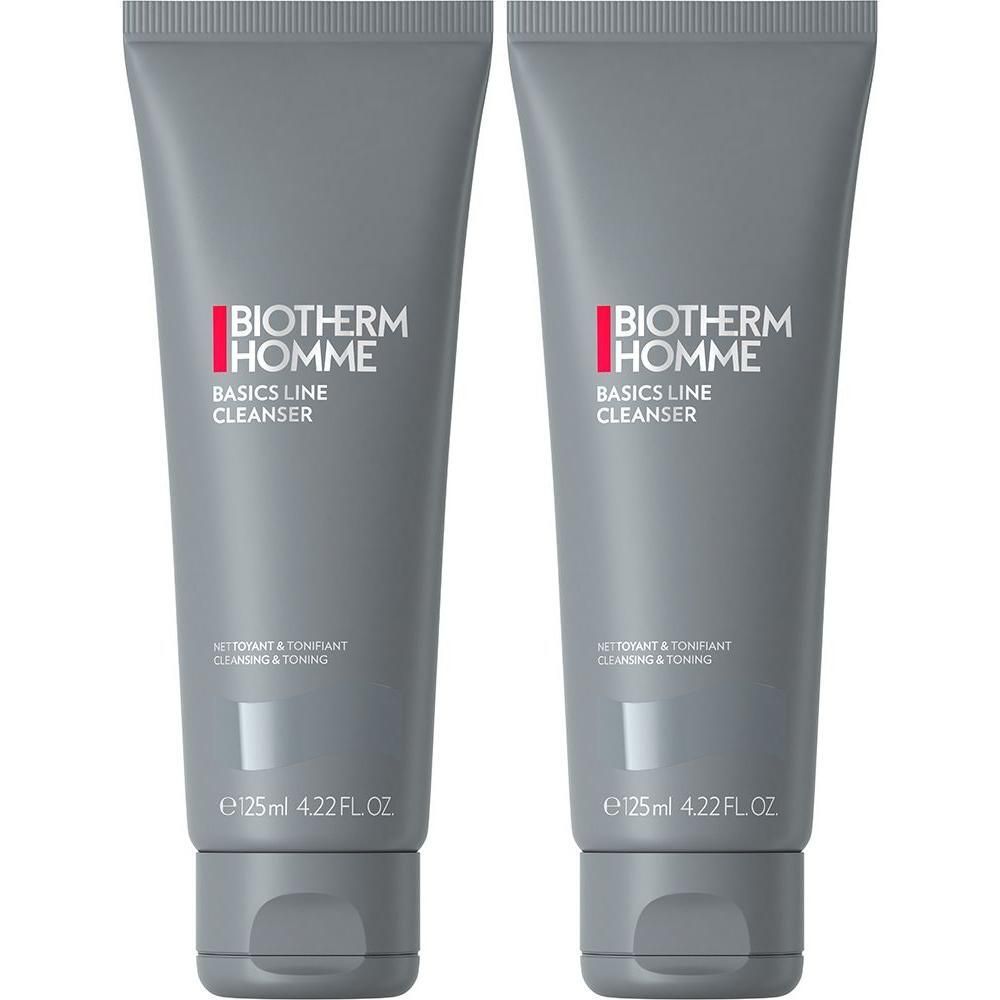 Zwei graue Tuben mit roter und weißer Schrift. Aufschrift: BIOTHERM HOMME, BASICS LINE CLEANSER, 125ml 4.22 FL. OZ.