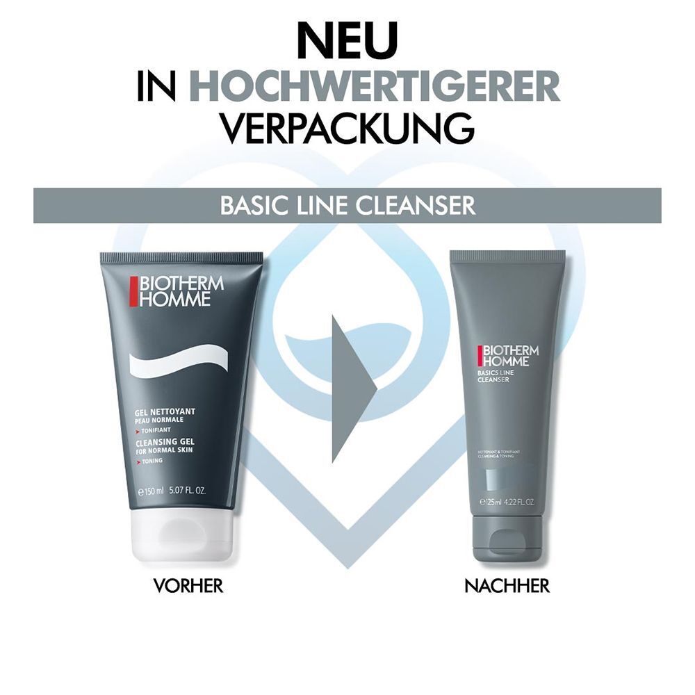 Vergleich von zwei Tuben. Links: BIOTHERM HOMME, BASICS LINE CLEANSER. Rechts: BIOTHERM HOMME, BASICS LINE CLEANSER. Text: NEU IN HOCHWERTIGERER VERPACKUNG.