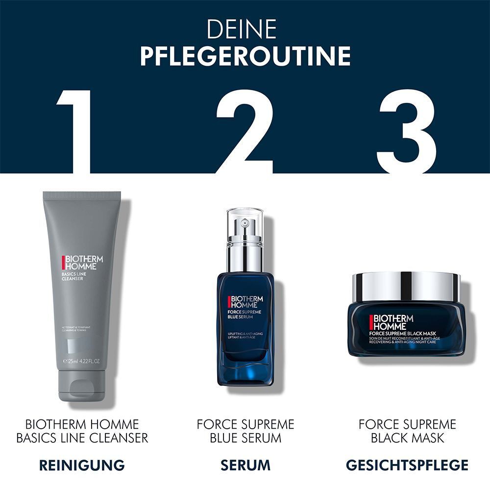 Drei Produkte in einer Pflegeroutine. Links: BIOTHERM HOMME BASICS LINE CLEANSER. Mitte: FORCE SUPREME BLUE SERUM. Rechts: FORCE SUPREME BLACK MASK.