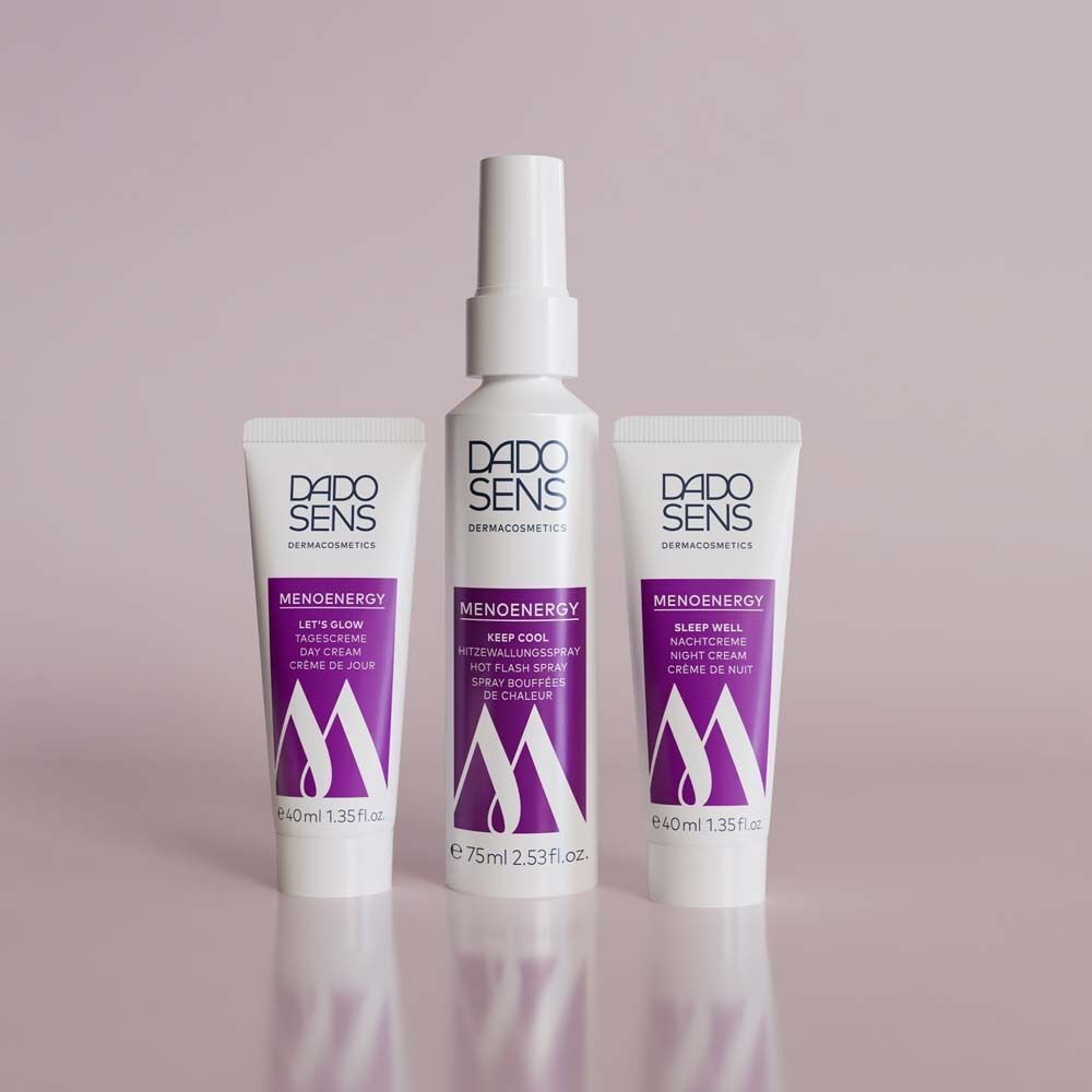 Drei Produkte: Spray, Tages- und Nachtcreme. Aufschrift: DADO SENS Menoenergy.