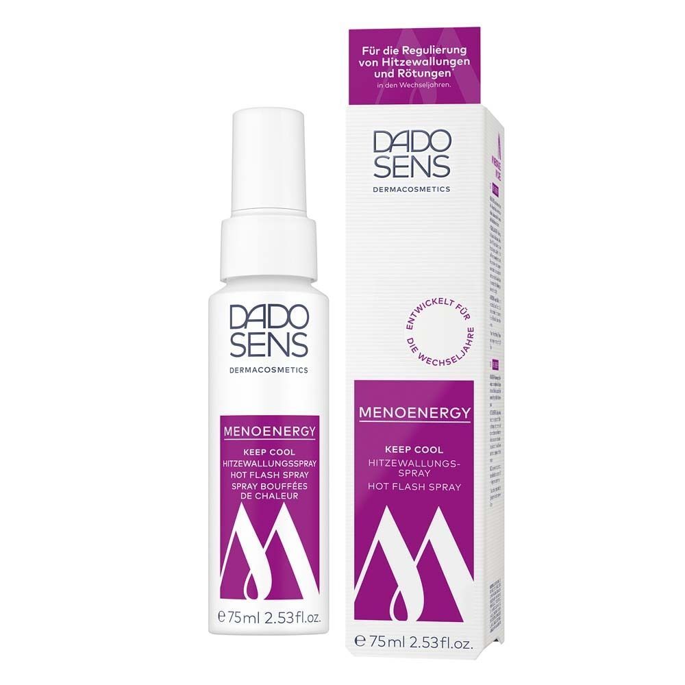 Eine Sprühflasche und eine Verpackung. Aufschrift: DADO SENS Menoenergy Keep Cool Hitzewallungsspray.