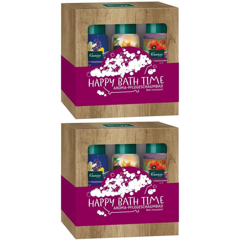 Zwei Geschenkboxen mit Kneipp Happy Bathtime. Jede Box enthält drei Flaschen. Aufschrift: Happy Bathtime Aroma-Pflegeschaumbad.