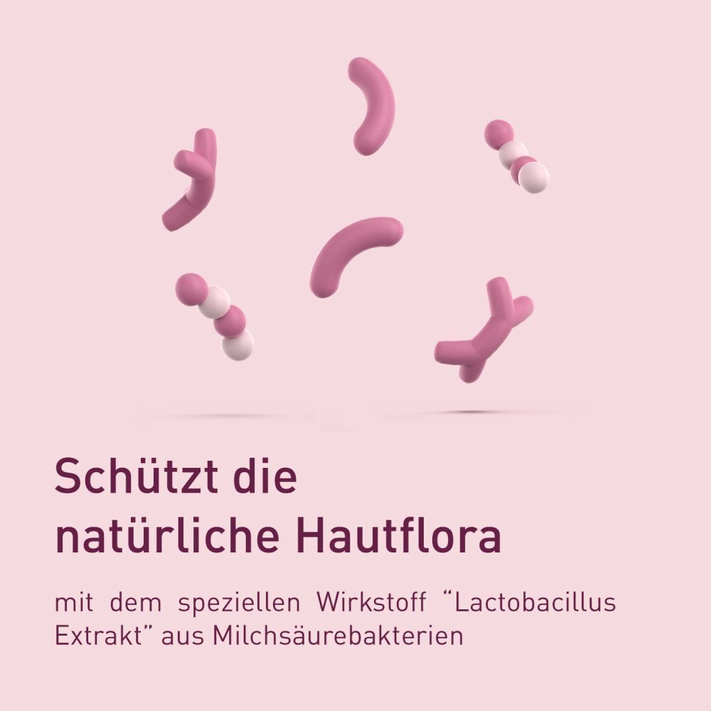 Abbildung von Bakterien. Text: Schützt die natürliche Hautflora mit Lactobacillus Extrakt.