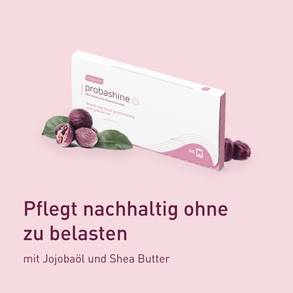 Produktverpackung mit Shea Butter und Jojobaöl. Text: Pflegt nachhaltig ohne zu belasten.