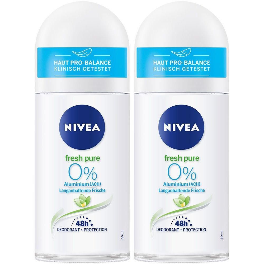 Zwei Roll-On-Deodorants. Weißes Gehäuse, blauer Deckel mit Text. Aufschrift: NIVEA, fresh pure, 0%, 48h.