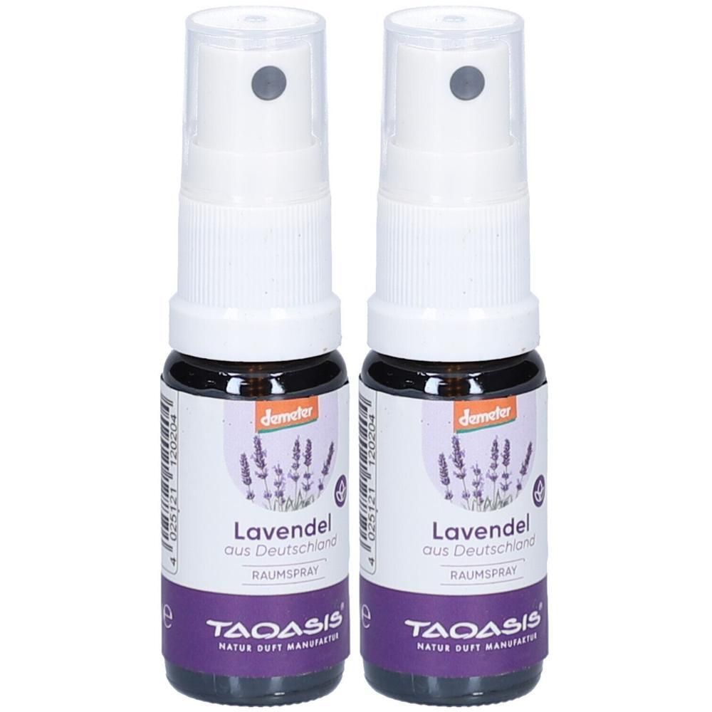 Zwei Sprühflaschen mit weißem Sprühkopf und braunem Glas. Aufdruck: Lavendel, Demeter-Siegel, TAOASIS.