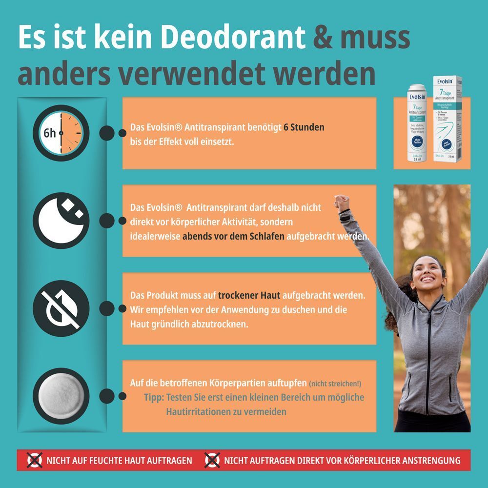 Anwendungshinweise für Evolsin 7 Tage Antitranspirant: Trockene Haut, nicht vor Sport.