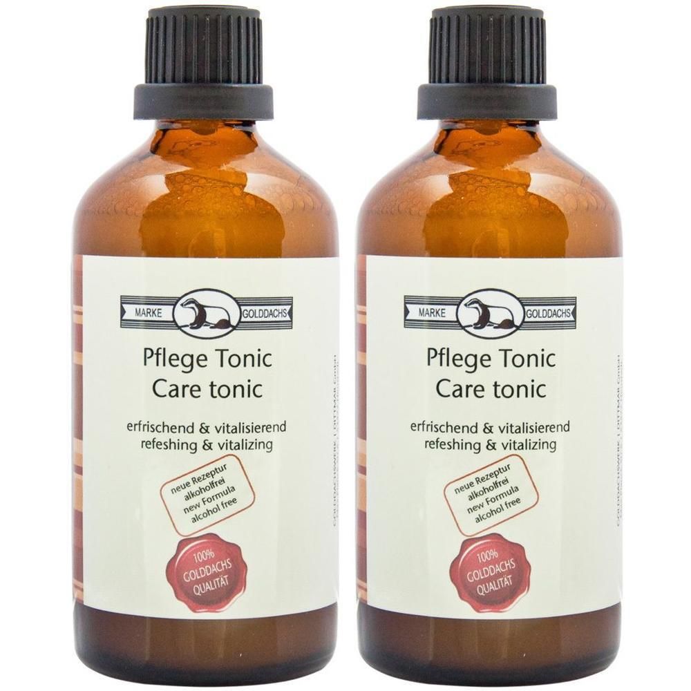 Zwei braune Glasflaschen mit schwarzem Verschluss. Auf dem Etikett steht "Pflege Tonic Care tonic". Darunter "erfrischend & vitalisierend".