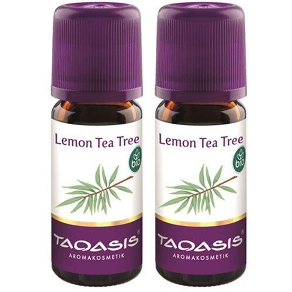Zwei Flaschen mit lila Deckel. Aufschrift: Lemon Tea Tree, Bio-Siegel, TAOASIS Aromakosmetik. Etikett mit Zweig-Illustration.
