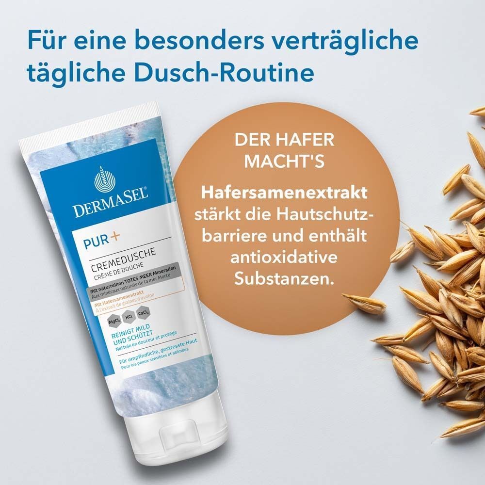 DermaSel® PUR+ Cremedusche Tube. Brauner Kreis mit Text: Der Hafer macht's. Hafer-Extrakt stärkt die Hautschutzbarriere.