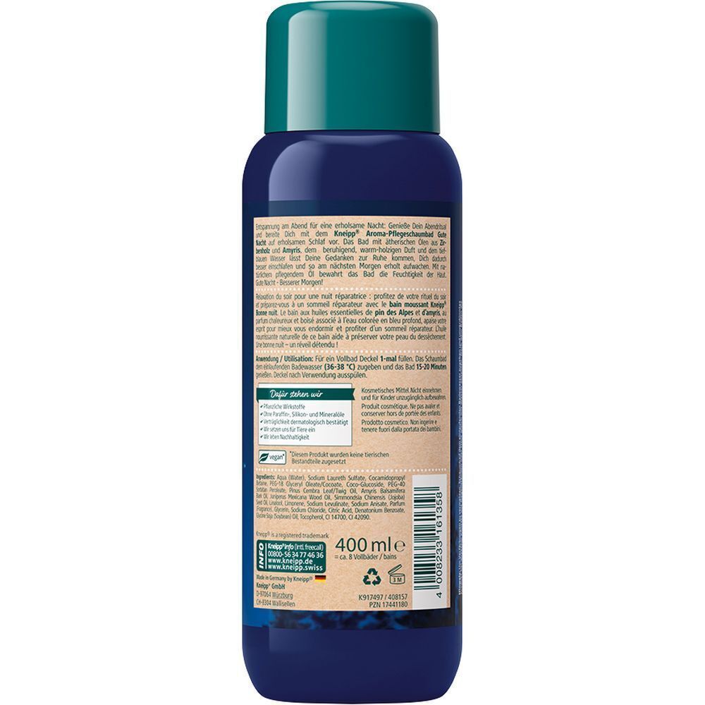 Rückseite einer blauen Flasche mit grünem Deckel. Text in Deutsch. 400 ml. Mit Recycling-Symbol.