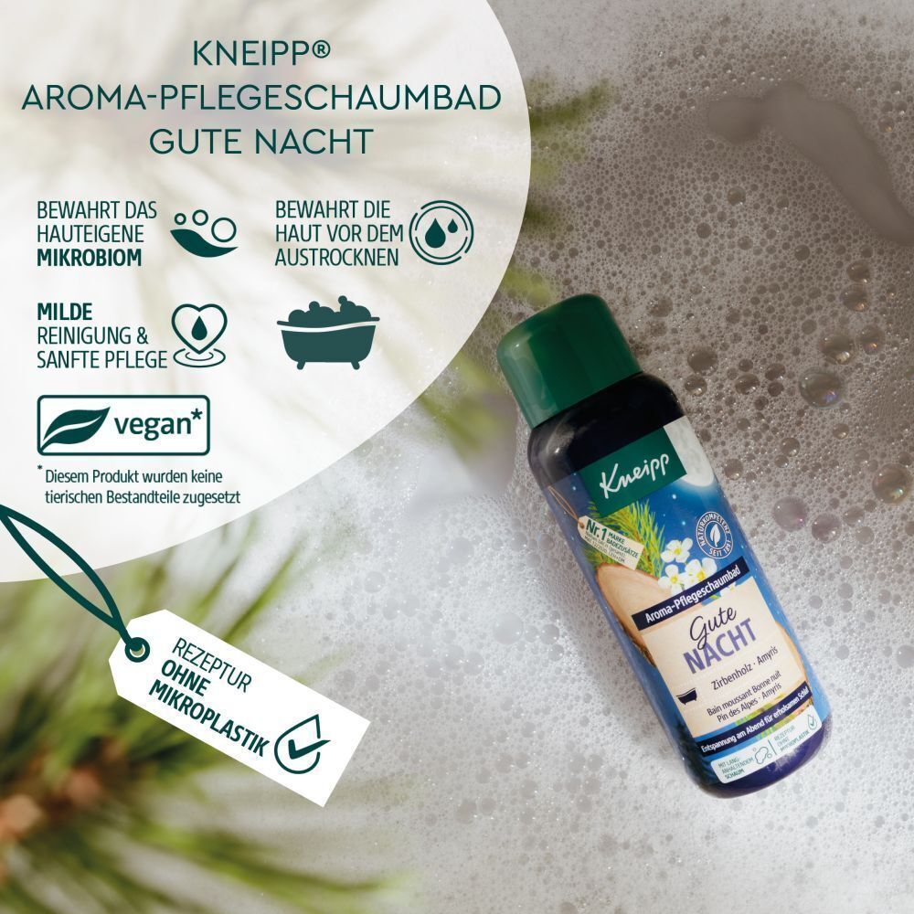 Produktflasche mit Etikett. Text: Kneipp Aroma-Pflegeschaumbad Gute Nacht. Vegan-Siegel. Rezeptur ohne Mikroplastik.
