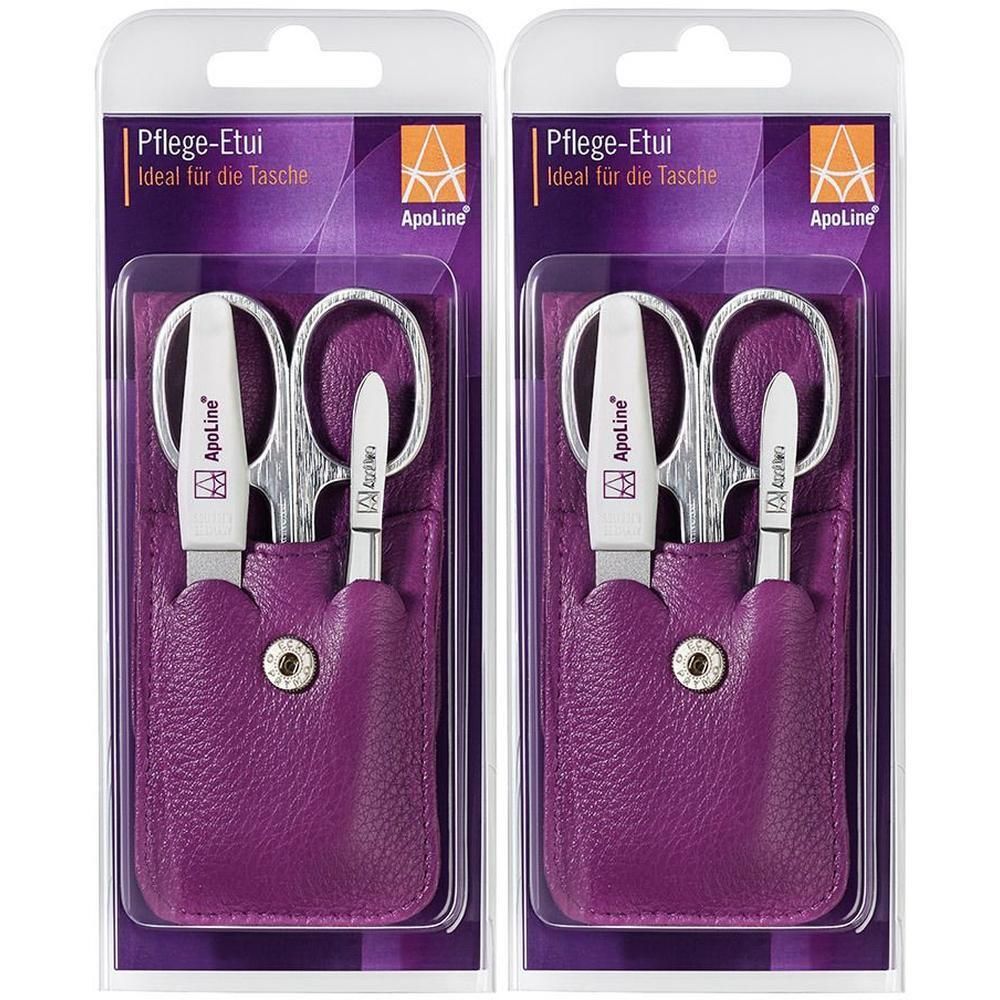 Zwei ApoLine Pflege-Etui lila in Blisterverpackung. Enthalten Schere und Nagelwerkzeug. Logo und Schriftzug auf den Werkzeugen.