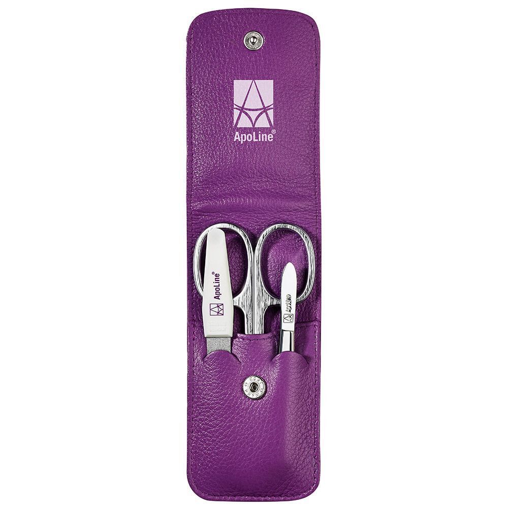 Offenes lila Pflege-Etui mit Schere und Nagelwerkzeug. Logo ApoLine sichtbar. Druckknopfverschluss.
