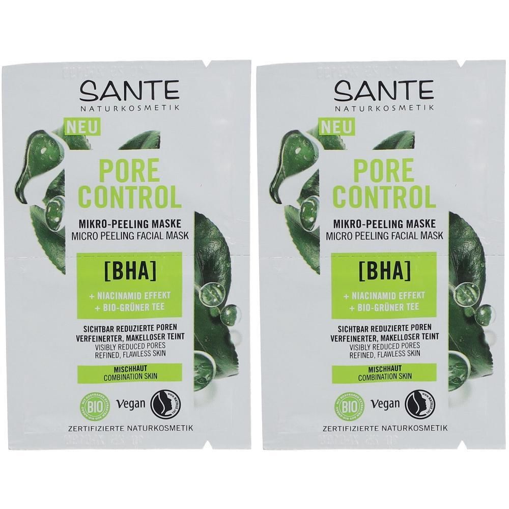 Zwei Beutel PORE CONTROL Mikro-Peeling Maske. Aufschrift: SANTE, NEU, [BHA], Bio, Vegan. Grün-weißes Design.