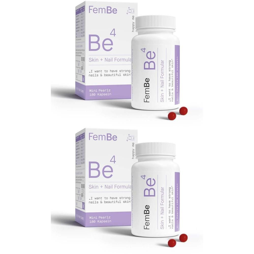 Zwei Packungen und eine Flasche FemBe4 Kapseln. Aufschrift: Skin + Nail Formula. 180 Kapseln.