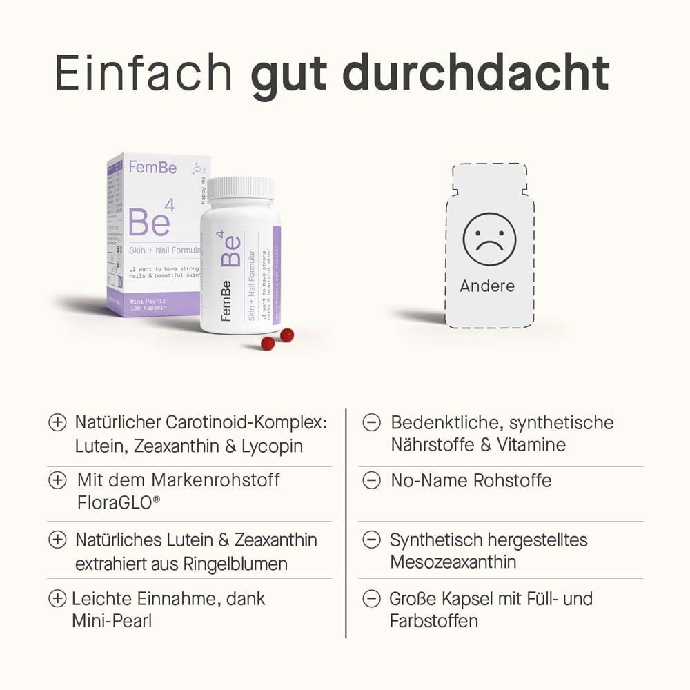 FemBe4-Flasche und -Packung. Text: Natürliche Carotinoide, FloraGLO, leicht einzunehmen.