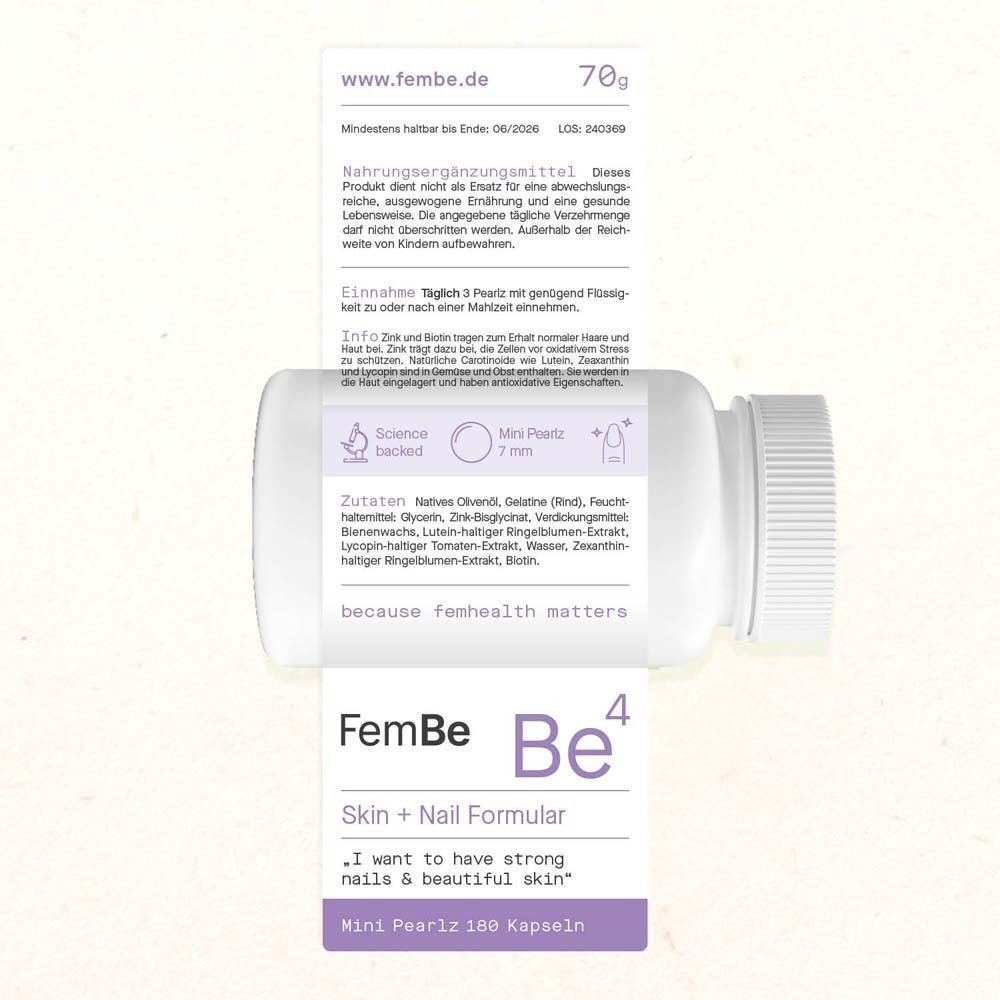 Flasche FemBe4 mit Etikett. Text: Mini Pearlz 180 Kapseln. Inhaltsstoffe, Dosierung, Hinweise.