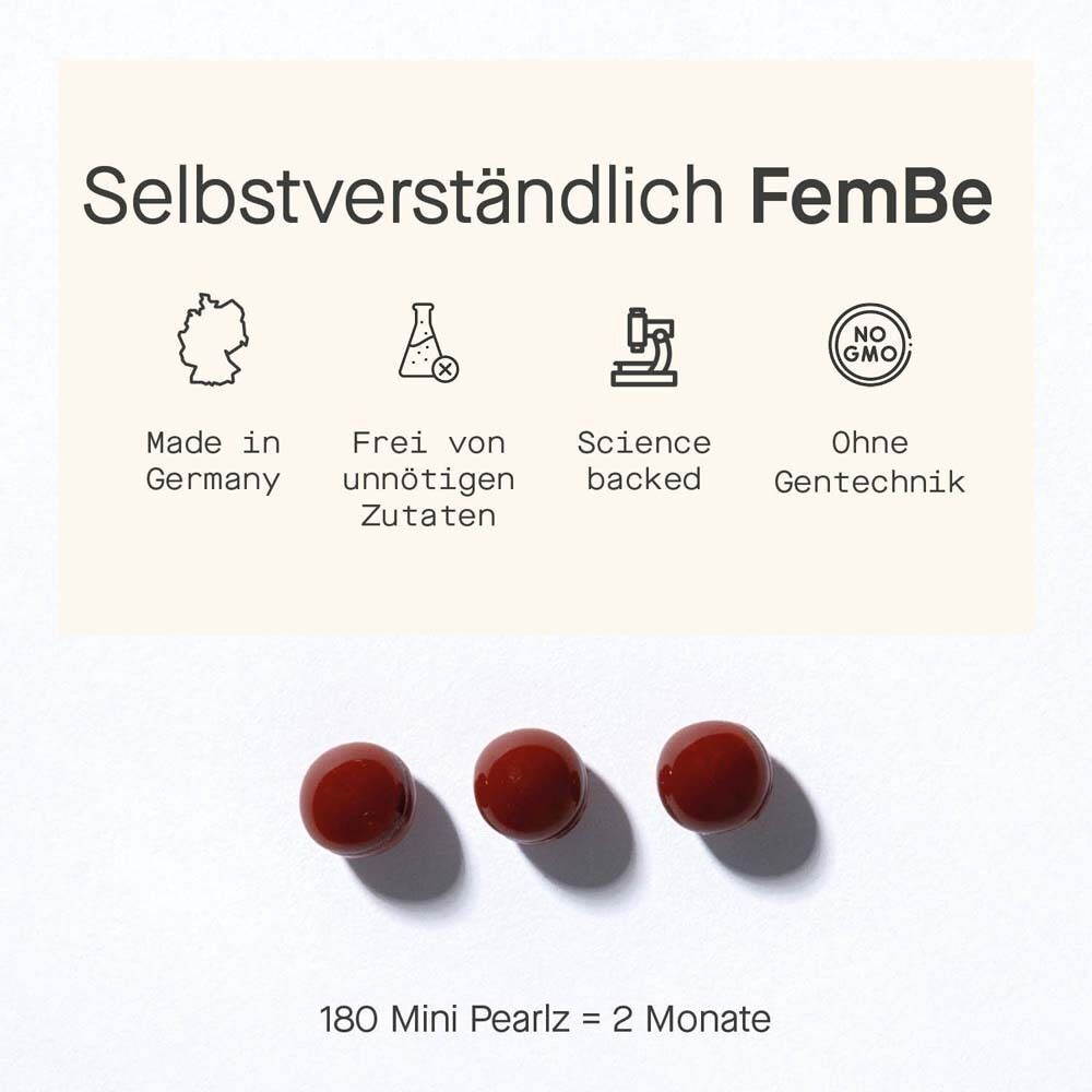 Drei Kapseln. Text: Made in Germany, ohne Gentechnik, 180 Mini Pearlz = 2 Monate.