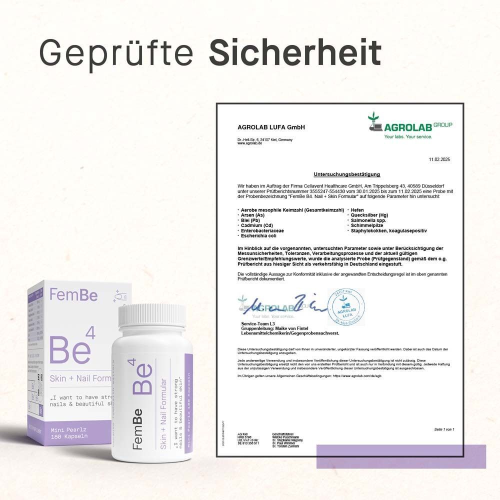 FemBe4-Flasche und -Packung neben einem Zertifikat. Text: Geprüfte Sicherheit.
