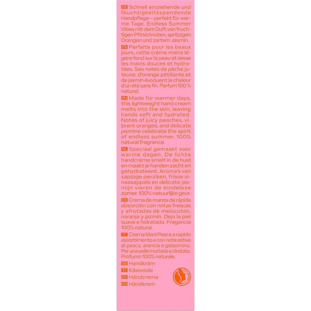 Rückseite der Weleda Handcreme "Pink Peach" Limited Edition mit Produktinformationen.