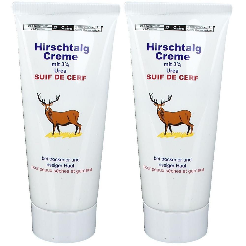 Zwei Tuben Hirschtalg Creme. Weiße Tuben mit Produktnamen, Hirsch-Illustration und Text in Deutsch und Französisch.