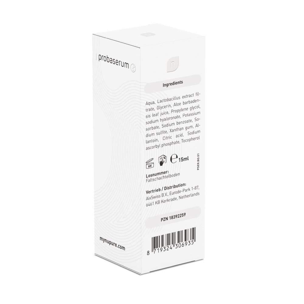 Weiße Verpackung mit Aufschrift: probaserum. Auf der Seite sind Inhaltsstoffe, Logos und Barcode abgebildet. Volumen: 15ml.