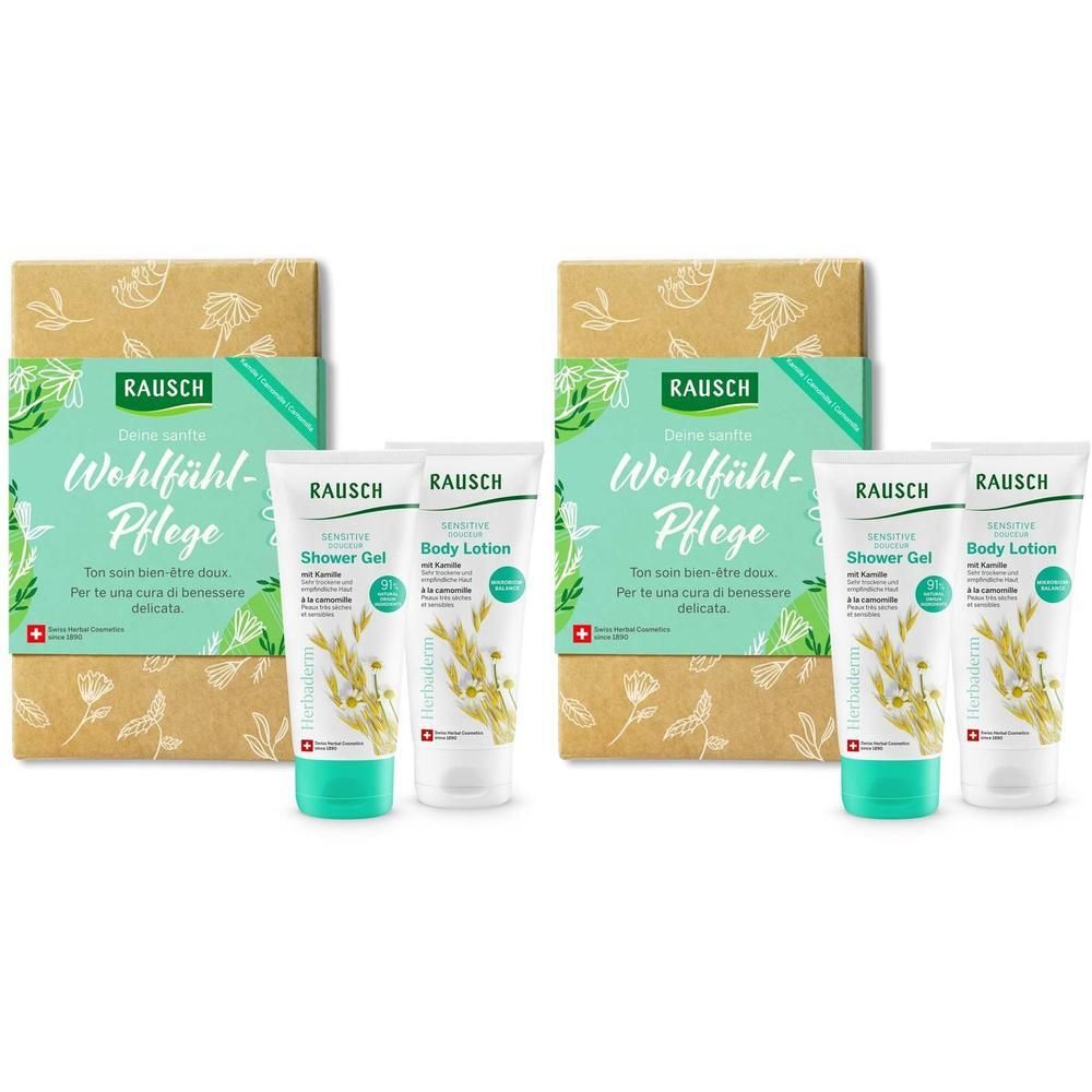 Zwei Sets mit Rausch-Produkten. Jedes Set enthält Duschgel und Body Lotion. Verpackung mit floralem Design und Text.