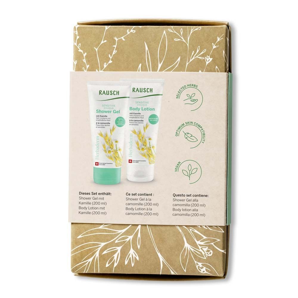 Rausch Set-Verpackung. Enthält Duschgel und Body Lotion. Text in Deutsch, Französisch, Italienisch. Mit Logo und Siegeln.