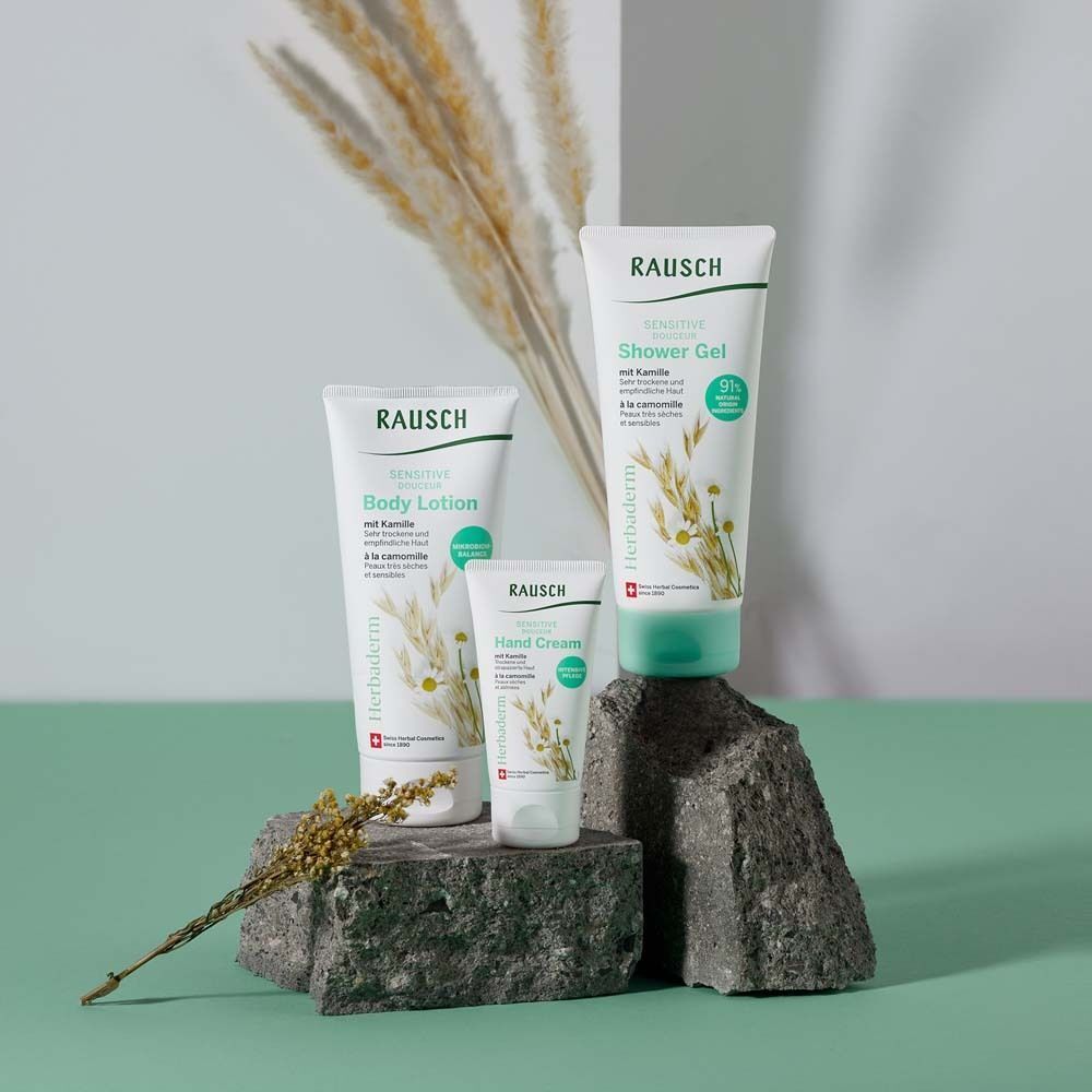 Rausch-Produkte auf Steinen. Body Lotion, Duschgel und Handcreme. Mit Kamillen-Motiv.